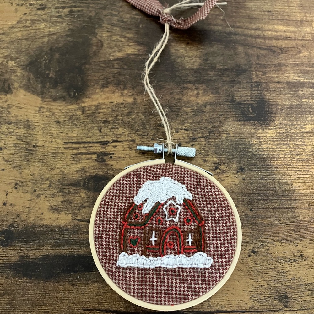 Christmas Tree Snowy Gingerbread House Christmas Ornament, Embroidery Hoop Art